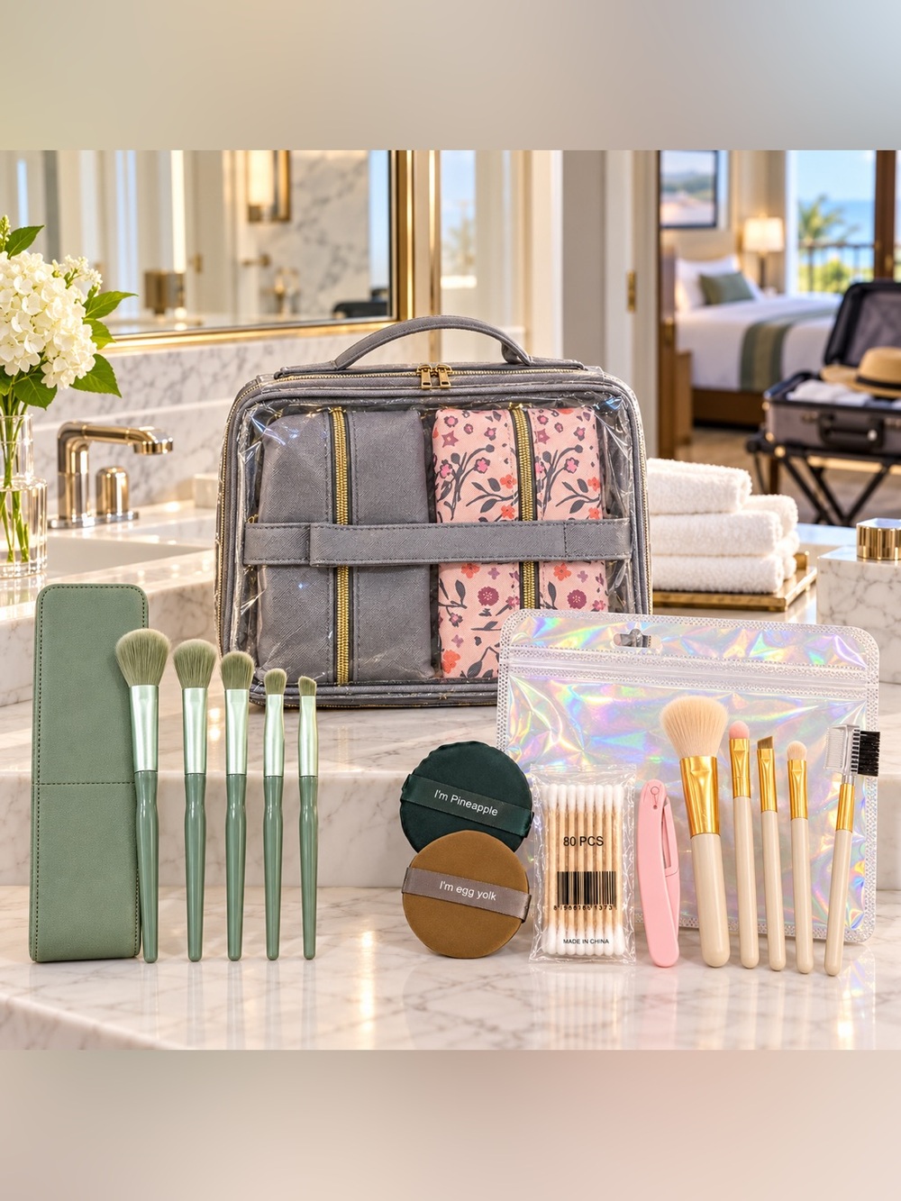 18-Piece Travel Beauty Bundle with Organizer, Makeup Brushes & Tools
